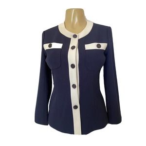 Guy Laroche Blazer Jacket Navy White Long Sleeve Button Down Pockets 36 S
